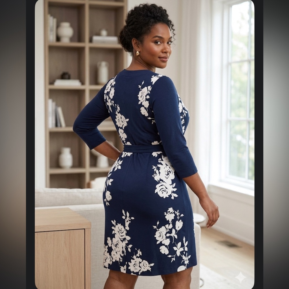 Charter Club Black/Navy Floral Faux-Wrap Dress with Belt - Size L